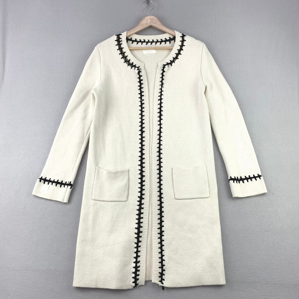 all:row Cardigan Sweater Coat Women M Cream Longline Knit Pockets Minimalist